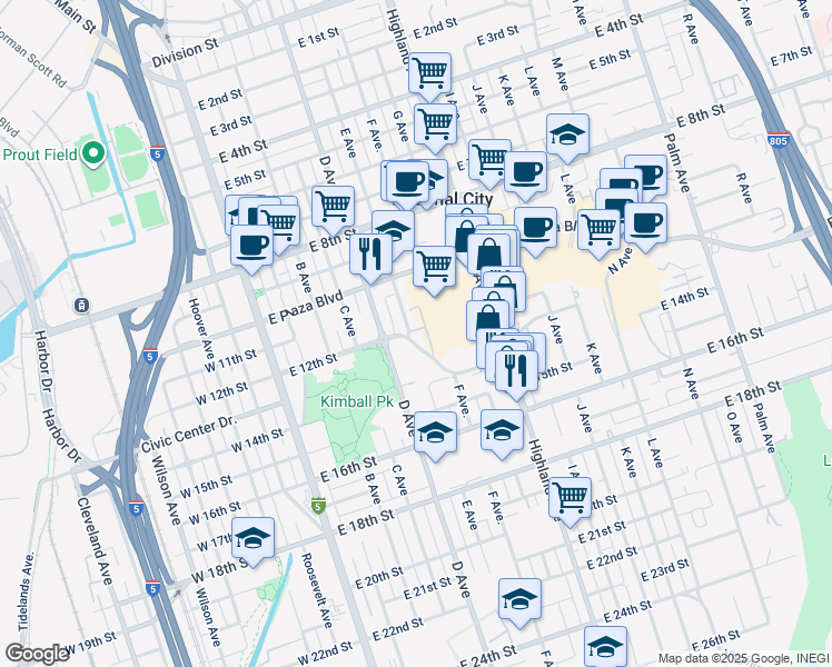map of restaurants, bars, coffee shops, grocery stores, and more near Kimball Way in National City