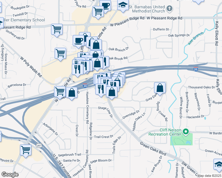 map of restaurants, bars, coffee shops, grocery stores, and more near 5717 Southwest Green Oaks Boulevard in Arlington