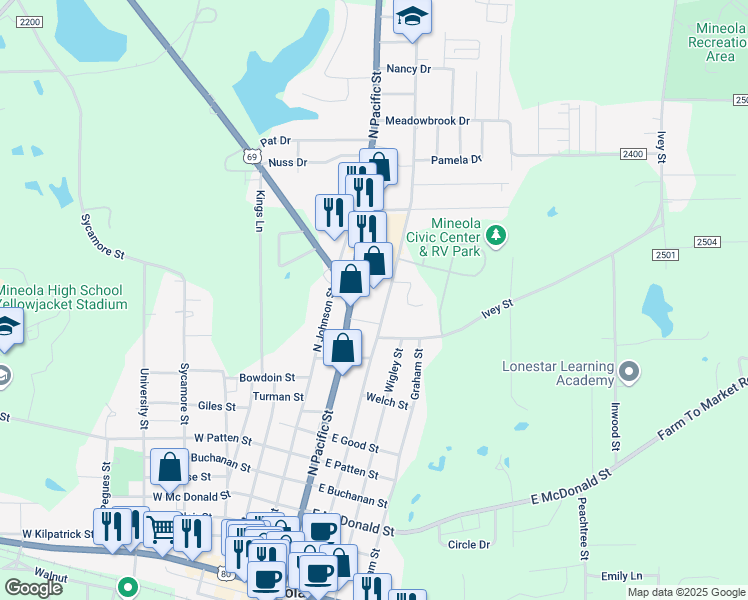 map of restaurants, bars, coffee shops, grocery stores, and more near 1127 North Newsom Street in Mineola