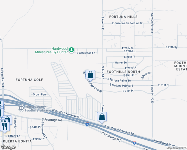 map of restaurants, bars, coffee shops, grocery stores, and more near 13832 East Fortuna Palms Drive in Yuma