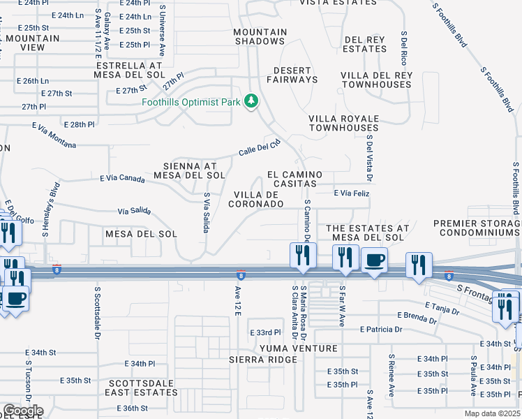 map of restaurants, bars, coffee shops, grocery stores, and more near 12203 East Camino Loma Vista in Yuma