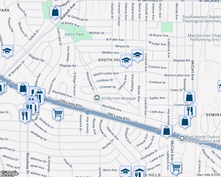 map of restaurants, bars, coffee shops, grocery stores, and more near 3363 Cordone Street in Fort Worth