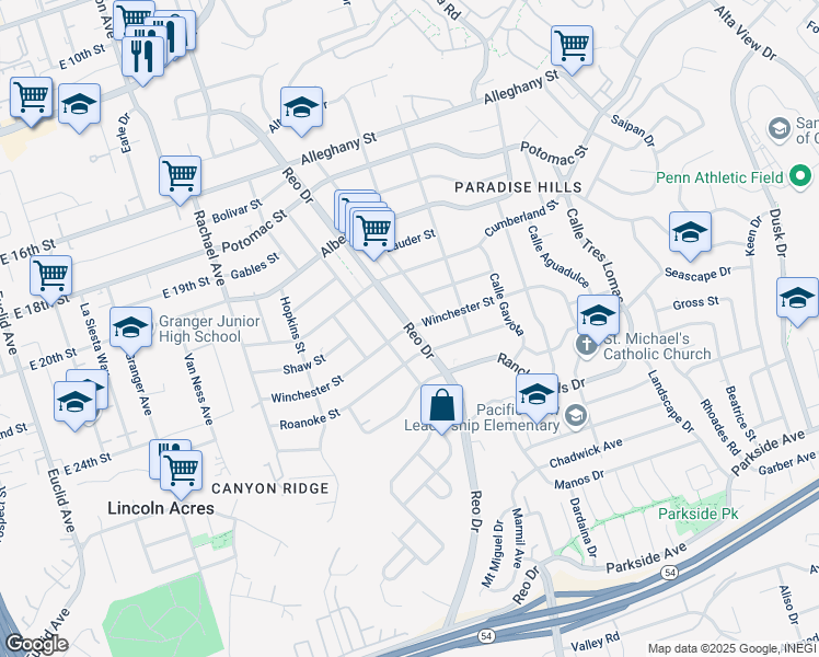 map of restaurants, bars, coffee shops, grocery stores, and more near Winchester Street in San Diego