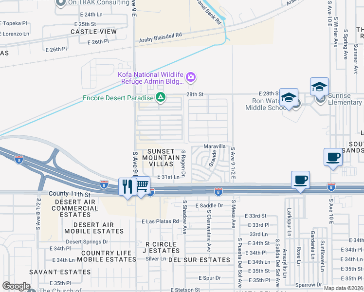 map of restaurants, bars, coffee shops, grocery stores, and more near 9250 East 30th Place in Yuma