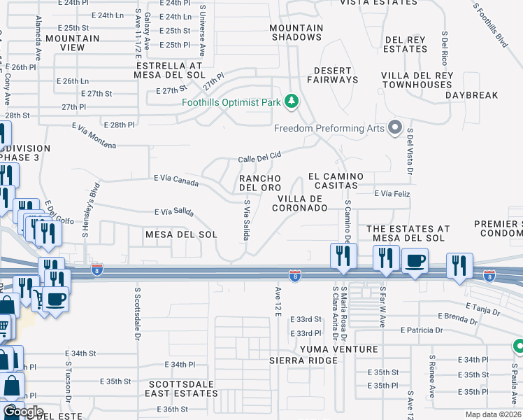map of restaurants, bars, coffee shops, grocery stores, and more near 10673 Calle Raquel in Yuma
