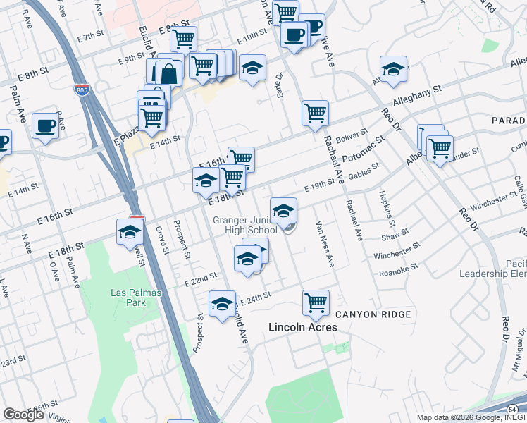 map of restaurants, bars, coffee shops, grocery stores, and more near 1826 Granger Avenue in National City