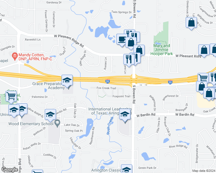 map of restaurants, bars, coffee shops, grocery stores, and more near 2709 Fox Creek Trail in Arlington
