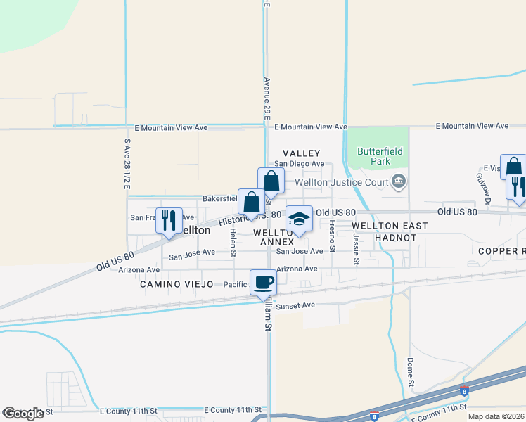 map of restaurants, bars, coffee shops, grocery stores, and more near 28700 Bakersfield Avenue in Wellton