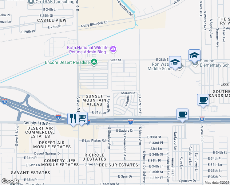 map of restaurants, bars, coffee shops, grocery stores, and more near 3019 South Ragen Drive in Yuma