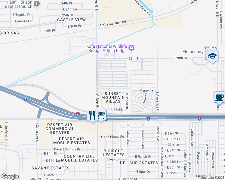 map of restaurants, bars, coffee shops, grocery stores, and more near 10657 South Avenue 9 East in Yuma