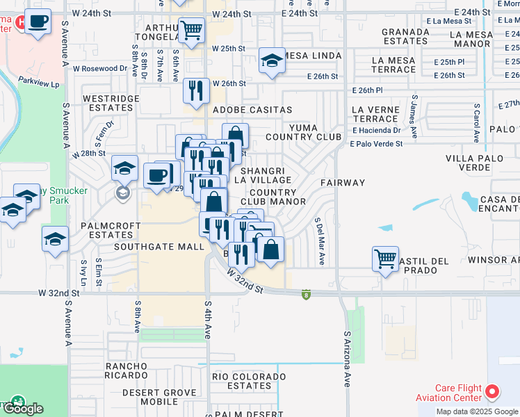 map of restaurants, bars, coffee shops, grocery stores, and more near 2896 South 1st Avenue in Yuma