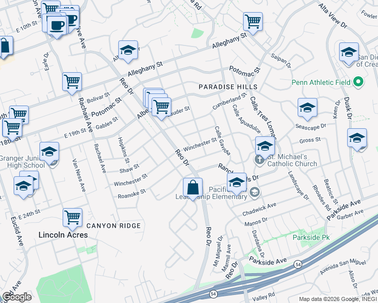 map of restaurants, bars, coffee shops, grocery stores, and more near 5978 Winchester Street in San Diego