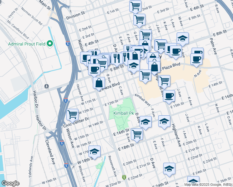 map of restaurants, bars, coffee shops, grocery stores, and more near 1024 C Avenue in National City