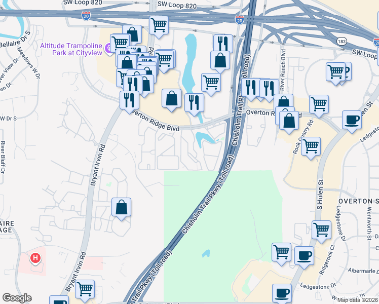 map of restaurants, bars, coffee shops, grocery stores, and more near 5401 Overton Ridge Boulevard in Fort Worth