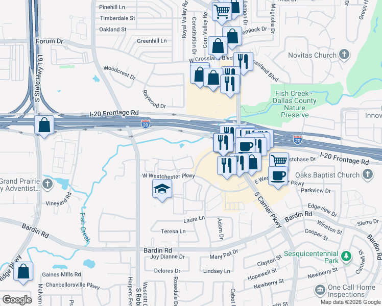 map of restaurants, bars, coffee shops, grocery stores, and more near 4411 Ih 20 in Grand Prairie