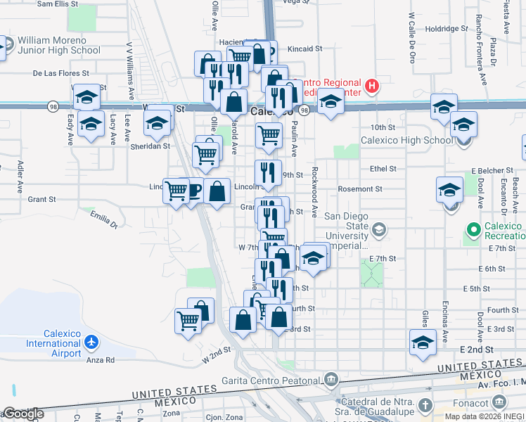 map of restaurants, bars, coffee shops, grocery stores, and more near 809 Emerson Avenue in Calexico
