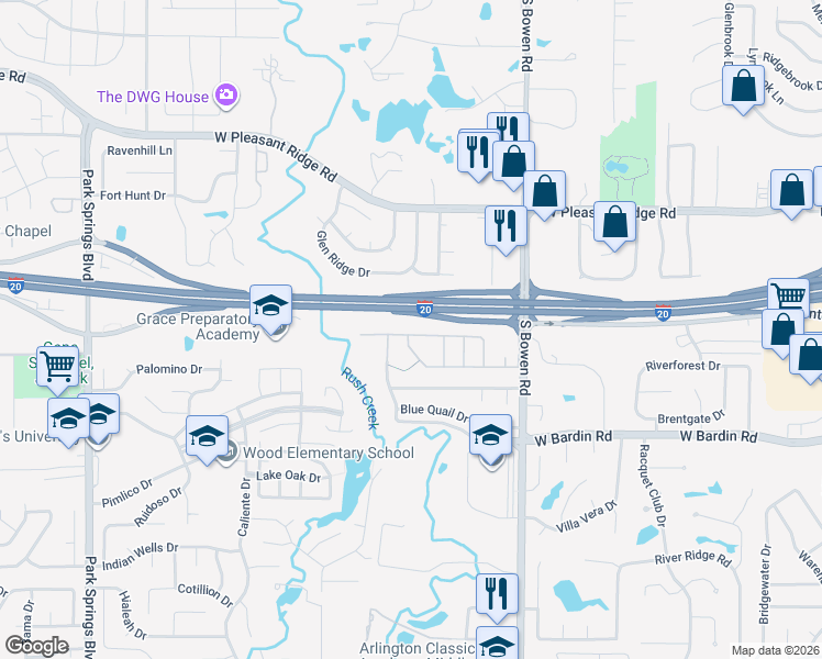 map of restaurants, bars, coffee shops, grocery stores, and more near 2709 Fox Creek Trail in Arlington