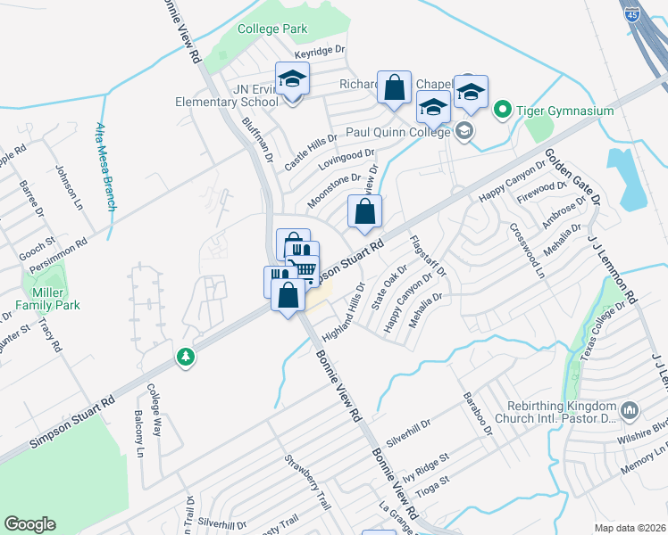 map of restaurants, bars, coffee shops, grocery stores, and more near 3634 Simpson Stuart Road in Dallas