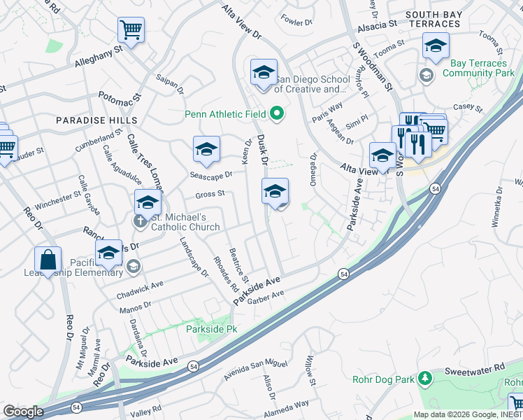 map of restaurants, bars, coffee shops, grocery stores, and more near 2730 Dusk Drive in San Diego