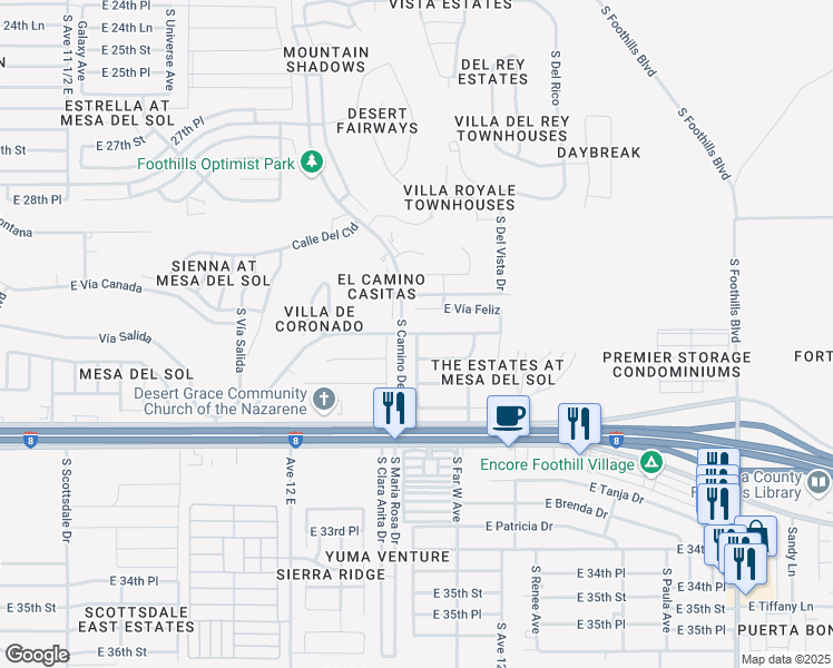 map of restaurants, bars, coffee shops, grocery stores, and more near 12323 East Camino Loma Vista in Yuma