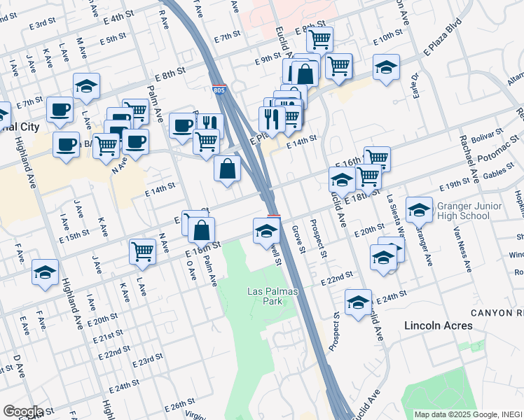 map of restaurants, bars, coffee shops, grocery stores, and more near 3375 East 17th Street in National City