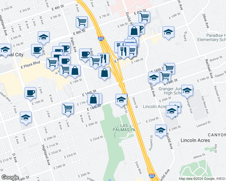 map of restaurants, bars, coffee shops, grocery stores, and more near 1919 East 17th Street in National City