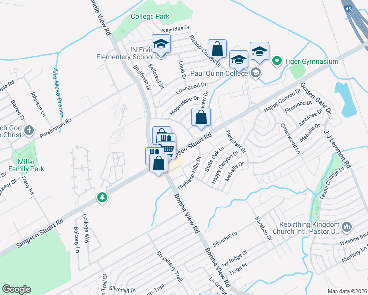 map of restaurants, bars, coffee shops, grocery stores, and more near 3634 Simpson Stuart Road in Dallas