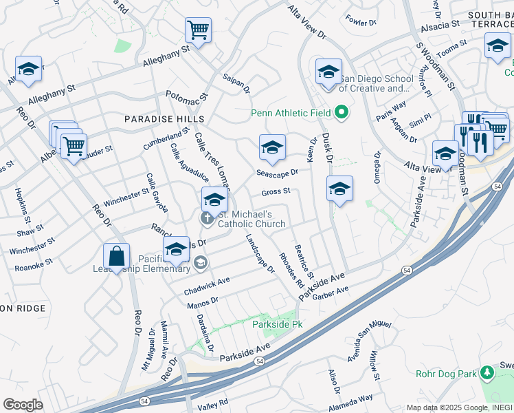 map of restaurants, bars, coffee shops, grocery stores, and more near 6302 Clyde Avenue in San Diego