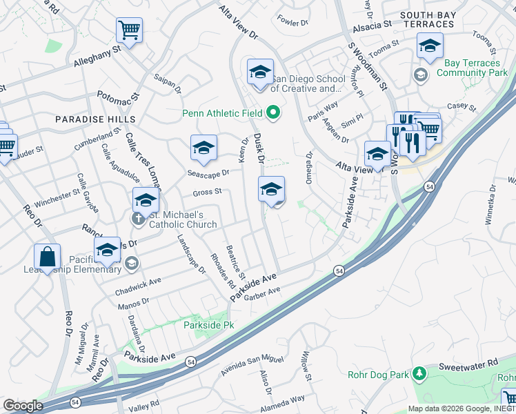 map of restaurants, bars, coffee shops, grocery stores, and more near 2730 Dusk Drive in San Diego