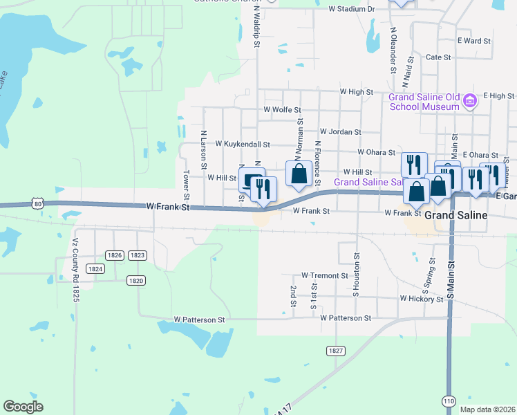 map of restaurants, bars, coffee shops, grocery stores, and more near 918 West Garland Street in Grand Saline