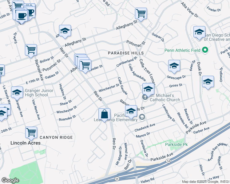 map of restaurants, bars, coffee shops, grocery stores, and more near 6045 Winchester Street in San Diego