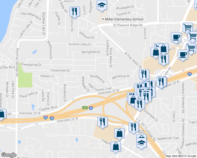 map of restaurants, bars, coffee shops, grocery stores, and more near 6403 Rockland Drive in Arlington
