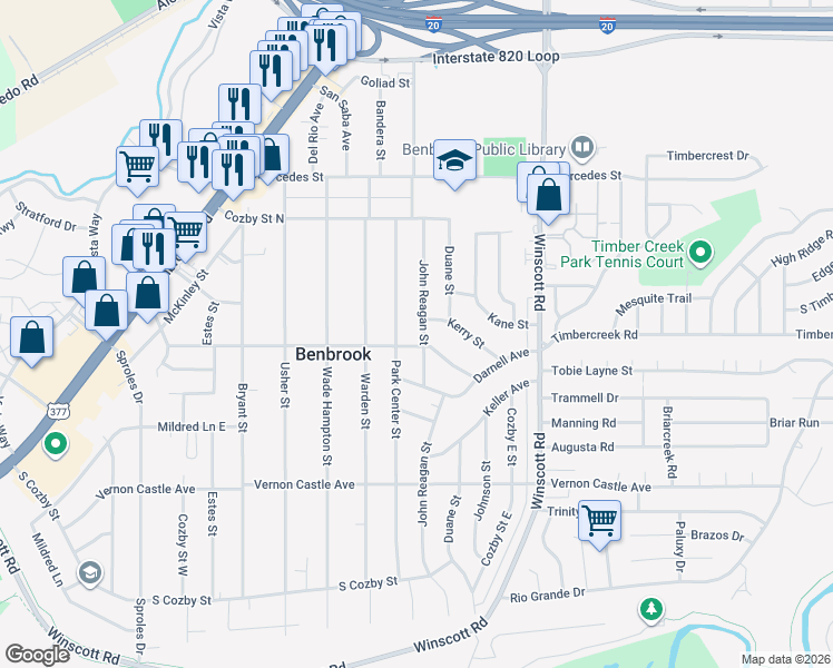 map of restaurants, bars, coffee shops, grocery stores, and more near 1029 Park Center Street in Benbrook