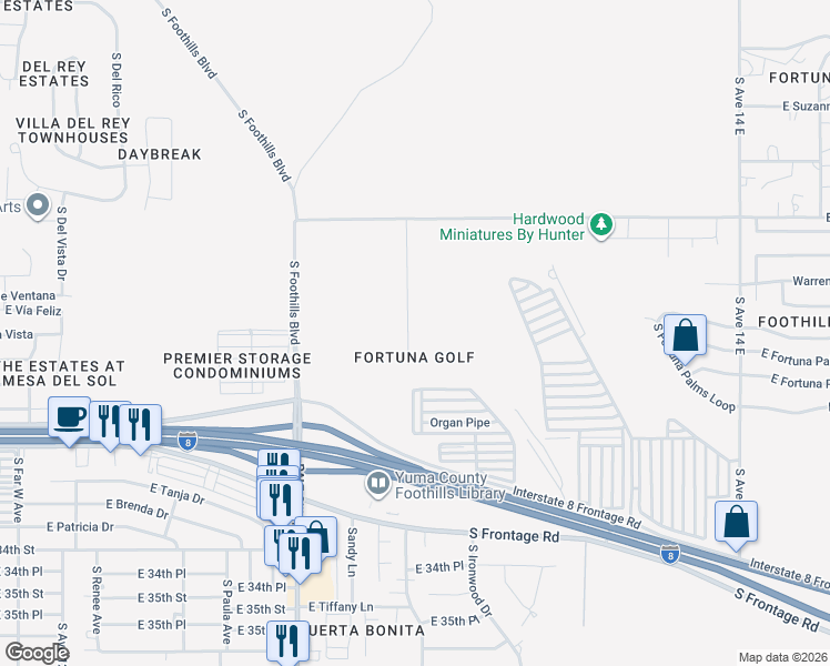 map of restaurants, bars, coffee shops, grocery stores, and more near 10713 El Camino Del Dablo in Yuma