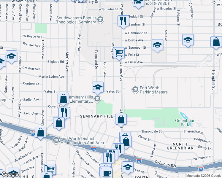 map of restaurants, bars, coffee shops, grocery stores, and more near 4921 Gordon Avenue in Fort Worth