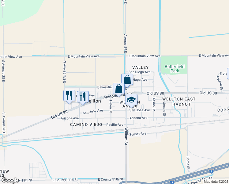map of restaurants, bars, coffee shops, grocery stores, and more near 28800 Bakersfield Avenue in Wellton