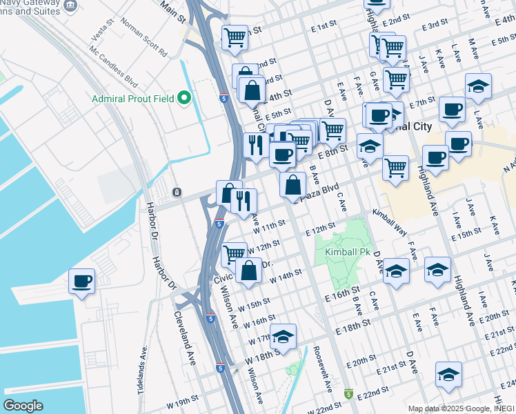 map of restaurants, bars, coffee shops, grocery stores, and more near 925 Hoover Avenue in National City