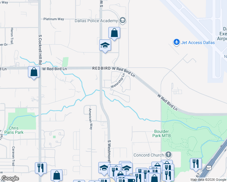 map of restaurants, bars, coffee shops, grocery stores, and more near 6010 South Westmoreland Road in Dallas