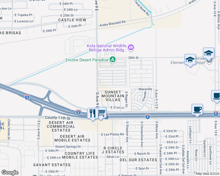 map of restaurants, bars, coffee shops, grocery stores, and more near 9088 East 30th Place in Yuma