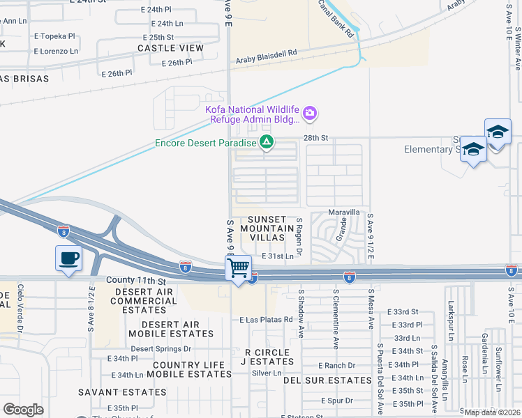 map of restaurants, bars, coffee shops, grocery stores, and more near 9088 East 30th Place in Yuma