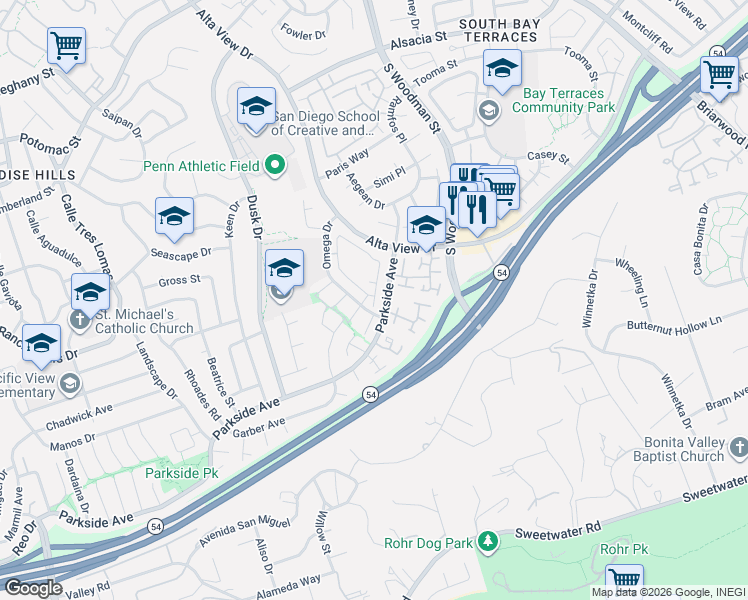 map of restaurants, bars, coffee shops, grocery stores, and more near 6824 Camphor Lane in San Diego