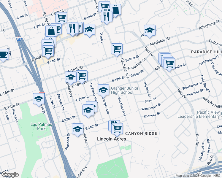 map of restaurants, bars, coffee shops, grocery stores, and more near 2906 East 19th Street in National City
