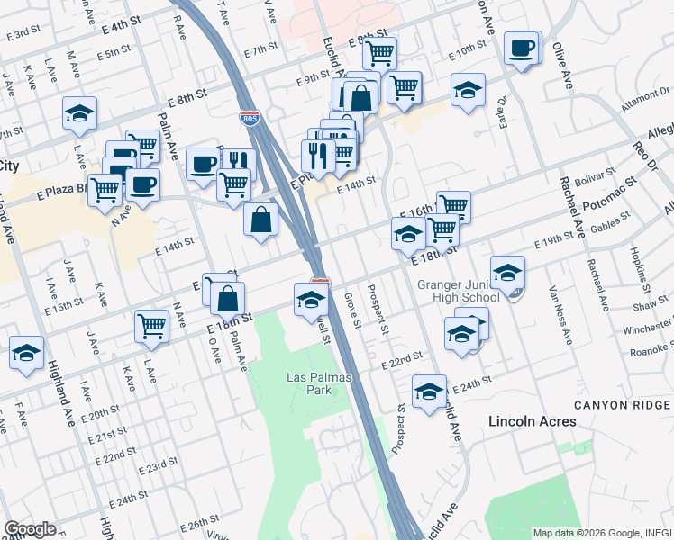 map of restaurants, bars, coffee shops, grocery stores, and more near 1624 Grove Street in National City