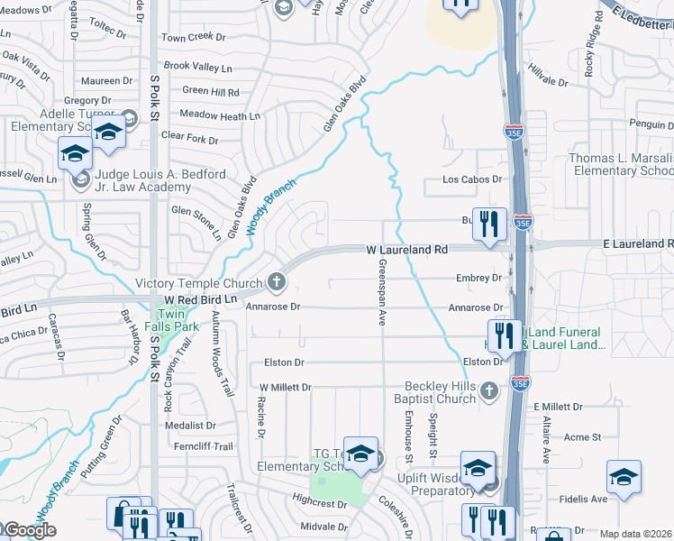 map of restaurants, bars, coffee shops, grocery stores, and more near 546 West Laureland Road in Dallas