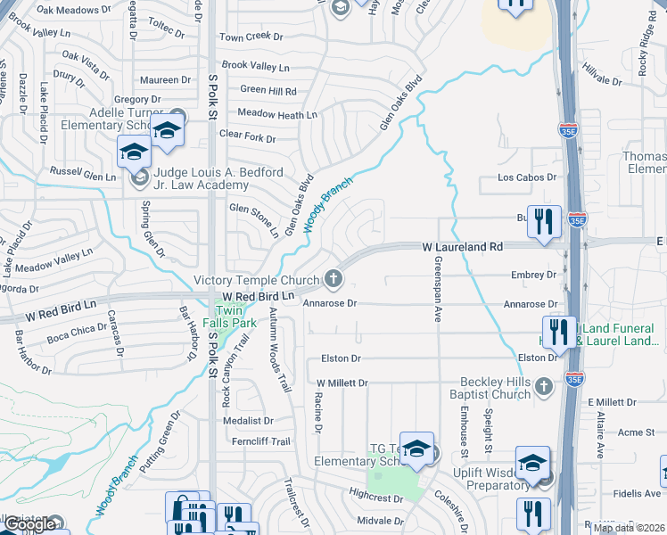 map of restaurants, bars, coffee shops, grocery stores, and more near 6010 Rock Garden Trail in Dallas