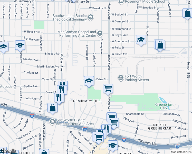map of restaurants, bars, coffee shops, grocery stores, and more near 4921 Gordon Avenue in Fort Worth
