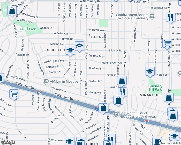 map of restaurants, bars, coffee shops, grocery stores, and more near 2817 Cordone Street in Fort Worth
