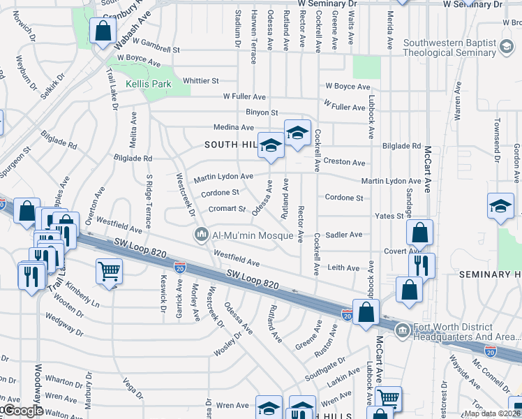 map of restaurants, bars, coffee shops, grocery stores, and more near 4921 Stadium Drive in Fort Worth