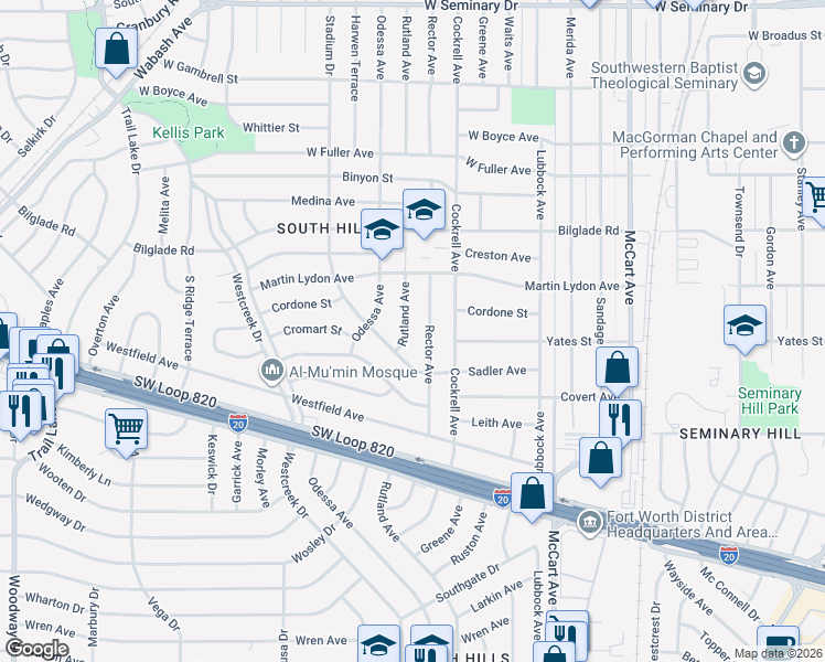 map of restaurants, bars, coffee shops, grocery stores, and more near 4924 Rutland Avenue in Fort Worth