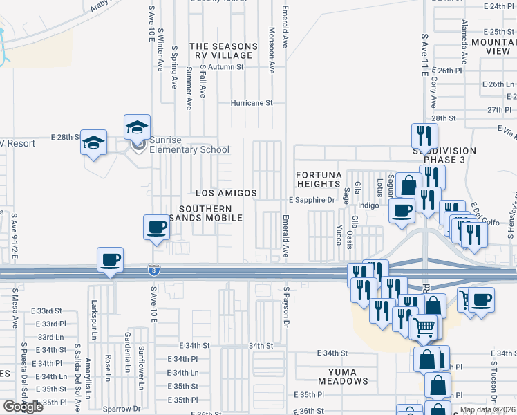 map of restaurants, bars, coffee shops, grocery stores, and more near 10746 South Pearl Avenue in Yuma